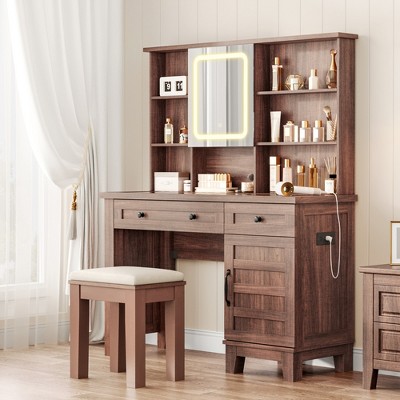 Vanity Desk with Mirror, LED Lights and Charging Station, Farmhouse Makeup Table With 2 Drawers and Cushioned Stool for Bedroom Dressing Room