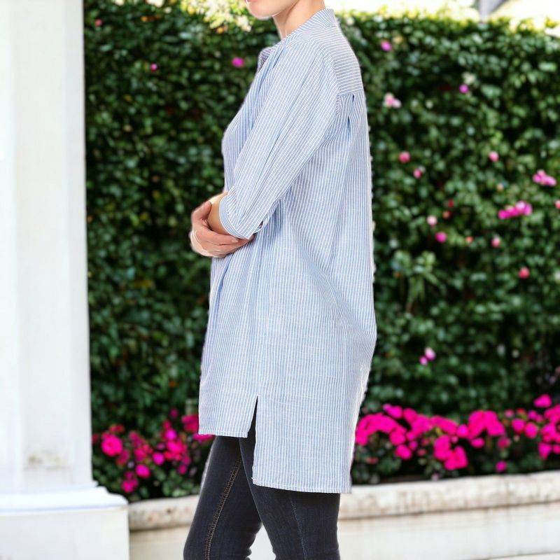 Anna-Kaci Women's Casual Woven Chambray Half Button up Long Stripe Shirt- Small ,Blue, 4 of 7