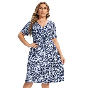 Coolmee Women Summer Midi Dress Plus Size Floral Print Drawstring High Waist Short Sleeve A Line Long Sundress - 1 of 4