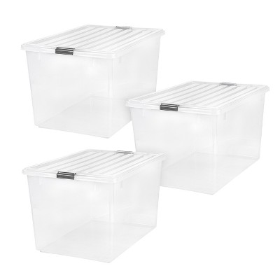 Photo 1 of **DAMAGED** IRIS 132 Quart Large Storage Bin Utility Tote Organizing Container Box with Buckle Down Lid for Clothes Storage, Clear, Set of 3
