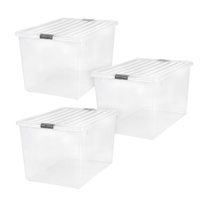 Photo 1 of **Major Damage**IRIS 132 Quart Large Storage Bin Utility Tote Organizing Container Box with Buckle Down Lid for Clothes Storage, Clear, Set of 3