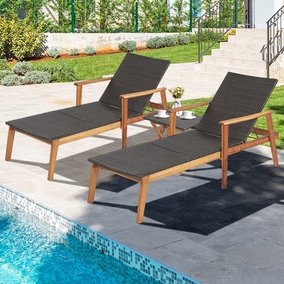 Acacia Wood and Rattan Outdoor Lounge Chair Set with Folding Table