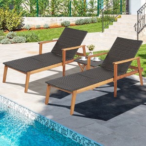 Costway 3PCS Patio Rattan Lounge Chair Chaise Set Wooden Frame Folding Table - 1 of 4