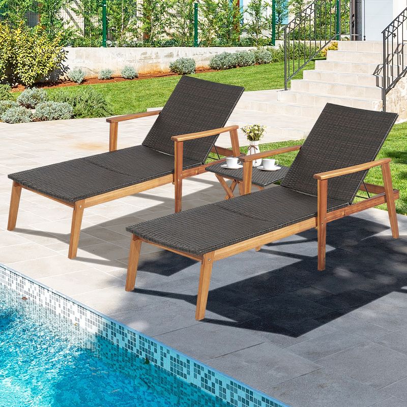 Costway 2PCS Patio Rattan Lounge Chair Chaise Recliner Wood Back Adjust W/Folding Table, 3 of 11