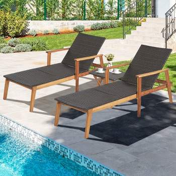 Costway 3PCS Patio Rattan Lounge Chair Chaise Set Wooden Frame Folding Table