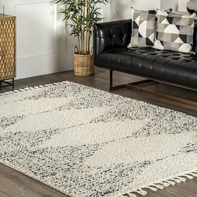 Cozy Moroccan Shag Square Area Rug with Braided Tassels, White