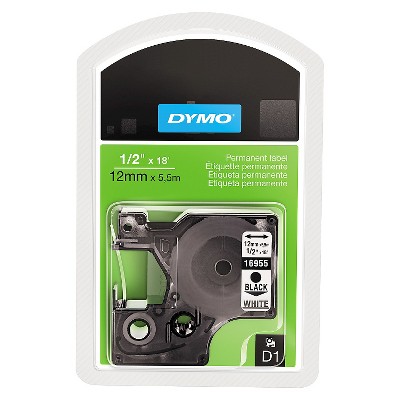 DYMO D1 Permanent High - Performance Polyester Label Tape - 1/2in x 18ft - Black/White