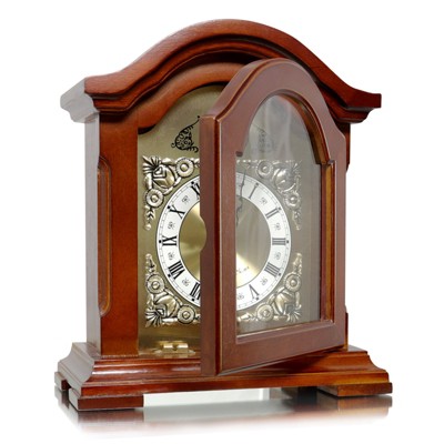 Redwood Oak Mantel Clock with Chime and Glass Enclosure