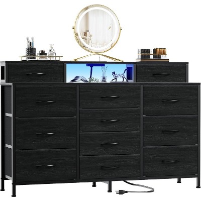 Furnulem Black Dresser for Bedroom with LED Lights and Power Outlets 55”W Large 12 Storage Drawers Dresser Long Fabric Chests with 2Shelves for Closet