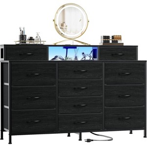Furnulem Black Dresser for Bedroom with LED Lights and Power Outlets 55”W Large 12 Storage Drawers Dresser Long Fabric Chests with 2Shelves for Closet - 1 of 4