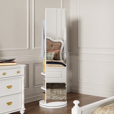 FURNIinspire Full Length Mirrors 66 Inch Bedroom Standing Mirror Full Length Floor Mirror with Hook Storage Rack Coat Rack, White, 17.8"*17.8"*66"