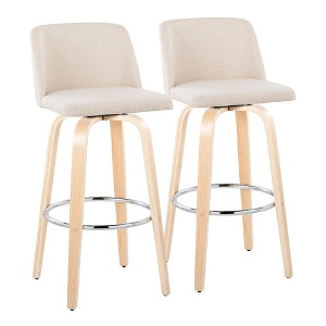 30" Mid-Century Modern Barstools Set of 2 with Swivel, Tufted Seat, and Wood Legs with Round Metal Footrest - 1 of 4
