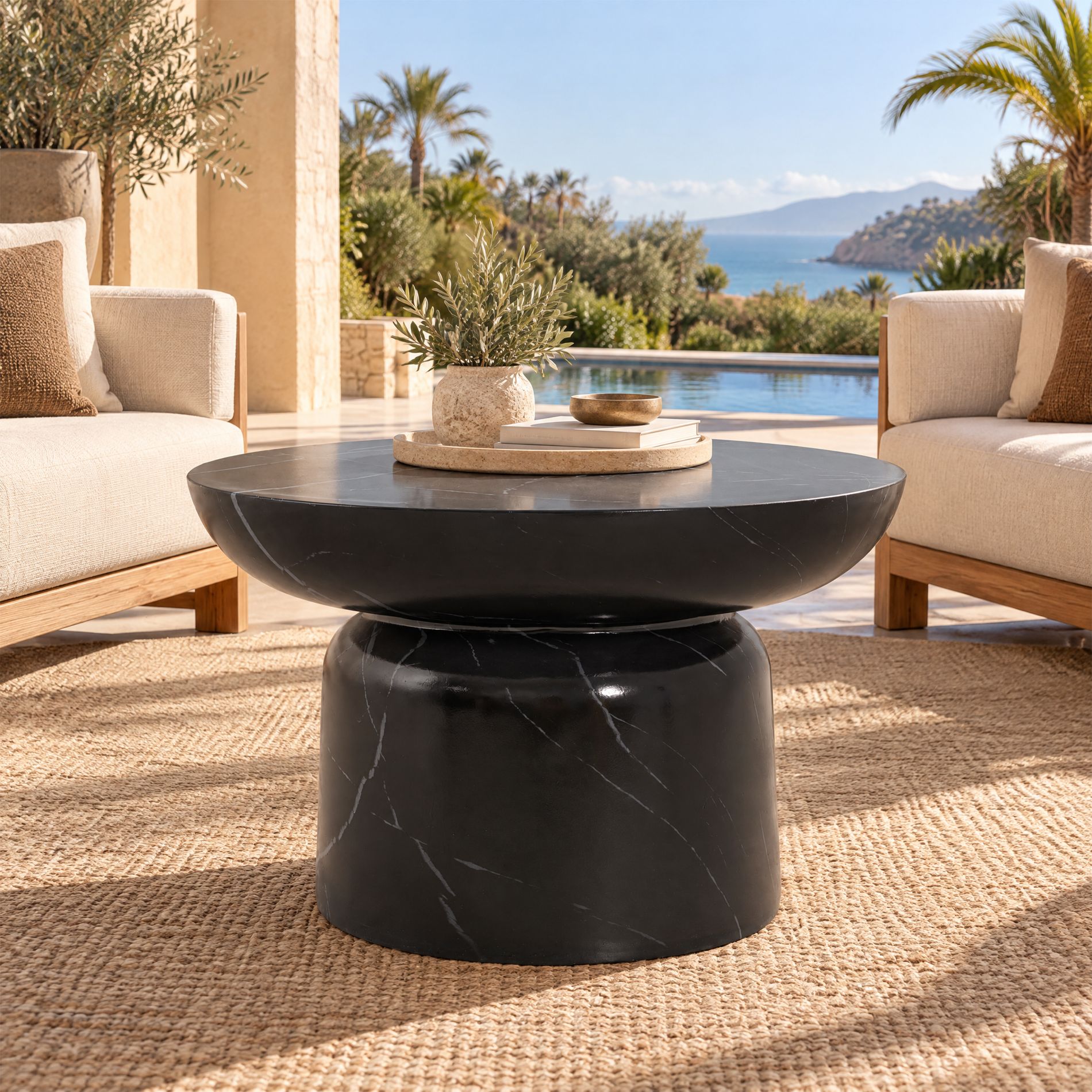 23.82" Round Black Marble Effect MGO Outdoor Coffee Table, Patio Side Table for Indoor, Backyard, Gardern, No Assembly Required - ModernLuxe