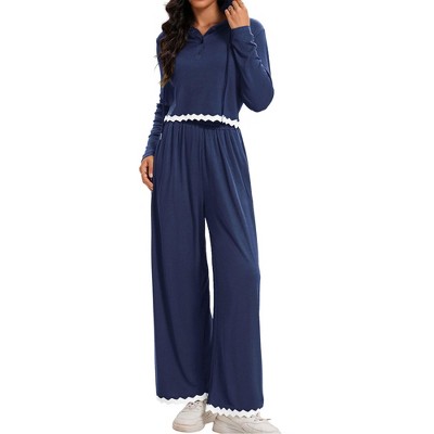 ATHLECHIC Women's Casual Lounge Cropped Half Button Hoodie Top Wide Leg Pants Ribbed Knit Tracksuit Two Piece Sets