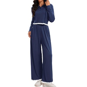 ATHLECHIC Women's Casual Lounge Cropped Half Button Hoodie Top Wide Leg Pants Ribbed Knit Tracksuit Two Piece Sets - 1 of 4