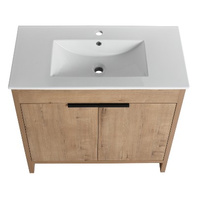 Vynxaria 36 in. Single Freestanding Imitation Oak Plywood Bath Vanity with White Basin Top KD-PACKING Ready to Assemble