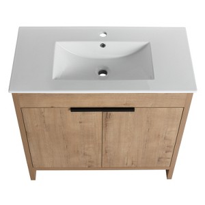 Vynxaria 36 in. Single Freestanding Imitation Oak Plywood Bath Vanity with White Basin Top KD-PACKING Ready to Assemble - 1 of 4