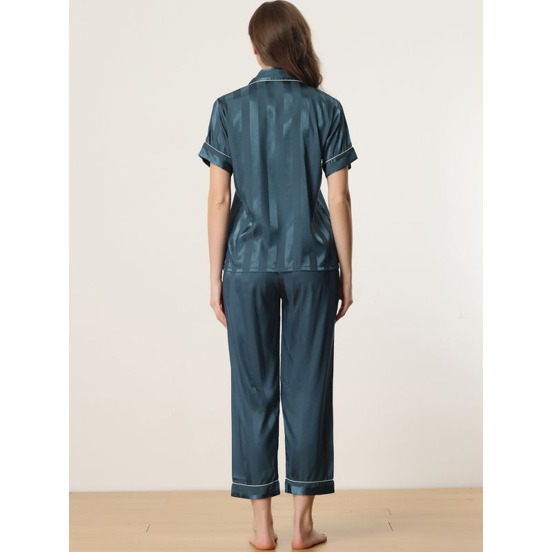 cheibear Women's Satin Button Down Short Sleeve Sleepwear with Long Pants Pajama Set, 4 of 7