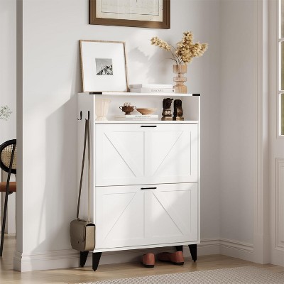 Farmhouse Shoe Cabinet w/ 2 Flip Drawers & Open Shelf, Slim Freestanding Storage for Entryway