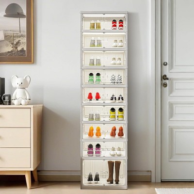 18-Pair Foldable Shoe Organizer with Dustproof Doors, No Assembly Stackable Shoe Box Cabinet for Closet, Fits up to Size 14