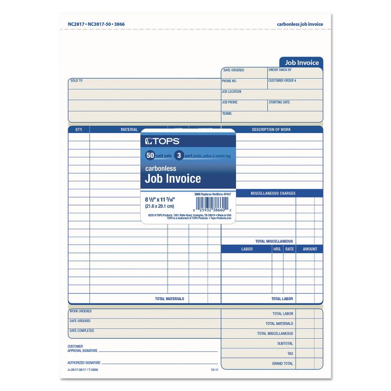 TOPS Snap-Off Job Invoice Form 8 1/2 x 11 5/8 Three-Part Carbonless 50 Forms 3866, 2 of 4