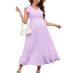 Clearlove Women Maxi Dresses Cap Short Sleeve V Neck  Dot High Waisted A-Line Ruffle Tiered Dress - 1 of 4