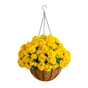Nearly Natural 24-in UV Resistant Artificial Chrysanthemum Hanging Basket (Indoor/Outdoor), Yellow - 1 of 1