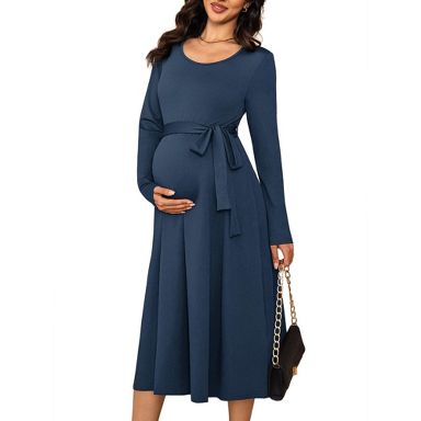 midi winter maternity dress INSPIRE CHIC Women's Long-Sleeve Square Neck Knit Self-Tie Waist Fall Pregnancy Dress X-Large Navy SIZE:15.5 Model:Kiana 18th Birthday Purple Gown 54% Polyester Style No