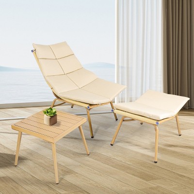 Nellie Wood-Color Alloy Frame Chaise Lounge with Ottoman, Patio Chair with Table and Cushions, 380lbs Capacity, Outdoor Furniture - Maison Boucle