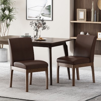 Dark Brown Faux Leather and Walnut Upholstered Side Chairs, Set of 2