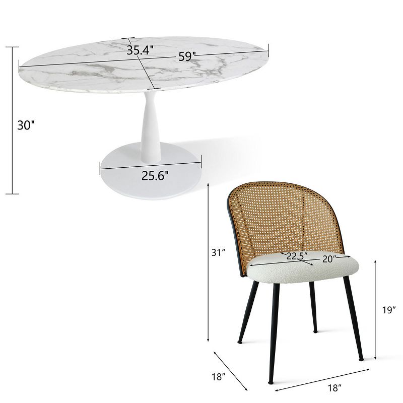 Modern Oval Dining Table Set For 4,Artificial Top Oval Dining Table with 59" and 4 White Bouclé Fabric Mesh Rattan Backrest Chair-Maison Boucle, 4 of 8