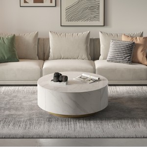 Round Coffee Table with 2 Storage Drawers,White Sintered Stone Coffee Table, Modern Durable Metal Frame Accent Table Perfect for Living Room or Office - 1 of 4