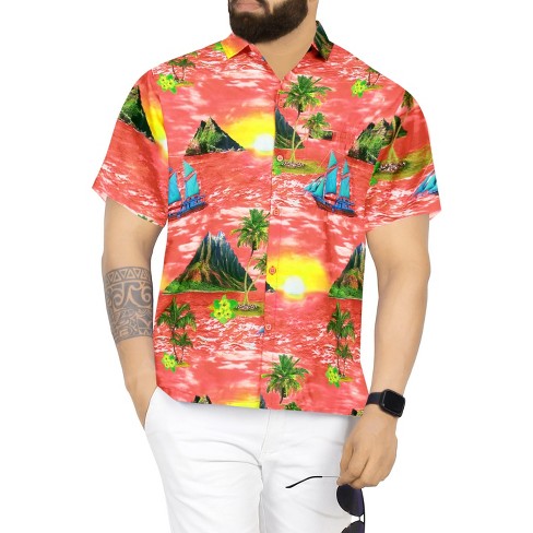 LA Leela Men's Hawaiian Shirt - Island Collage Print, Short Sleeve, Regular Fit - Denim Blue