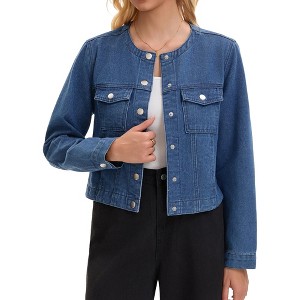 INSPIRE CHIC Women's Crew Neck Western Long Sleeve Chest Pockets Denim Cropped Jean Jackets - 1 of 4