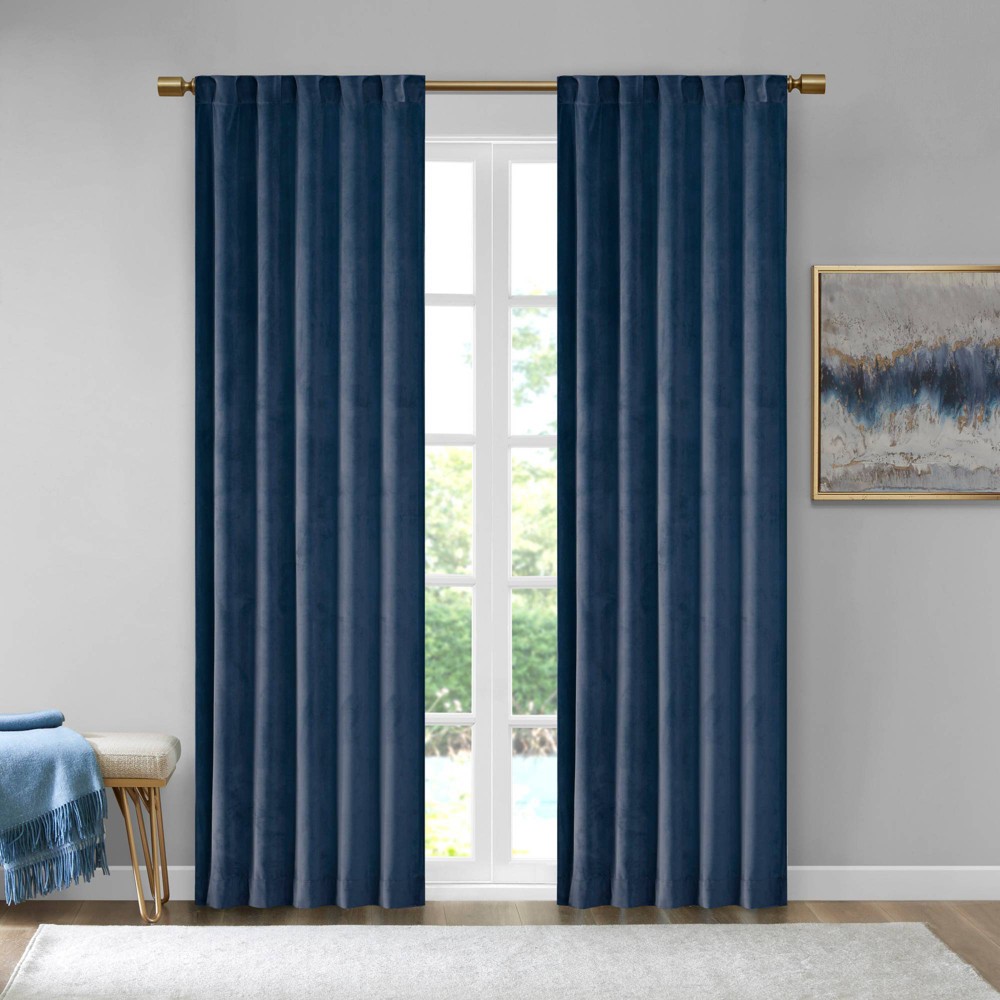 Set of 2 (95"x37") Bryce Poly Velvet Room Darkening Curtain Panels Navy: 510 Design, Modern Living, Back Tab, OEKO-TEX Certified