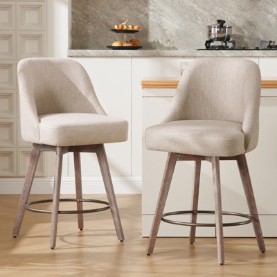 Bekrvio Counter Height Bar Stools, 26" Mid-Century Swivel Barstools with Backs - Linen Upholstered Wood Legs, Kitchen Island Counter Chairs