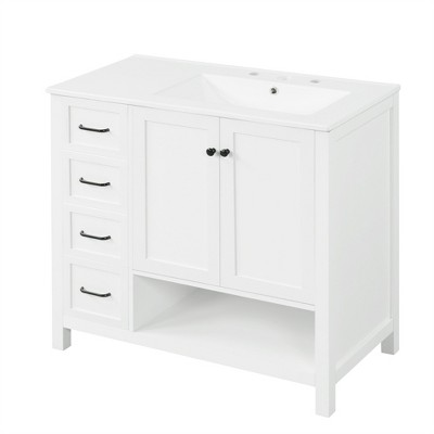Vynxaria 36" Bathroom Vanities White Vanity Console with Two Doors Two Drawers & Open Shelf 34"H