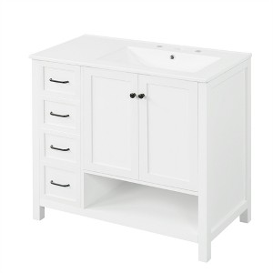 PDTEND 36" Bathroom Vanity Sink Combo, Solid Wood Bathroom Storage Cabinet with 2 Doors and 2 Drawers, Open shelf, MDF - 1 of 4