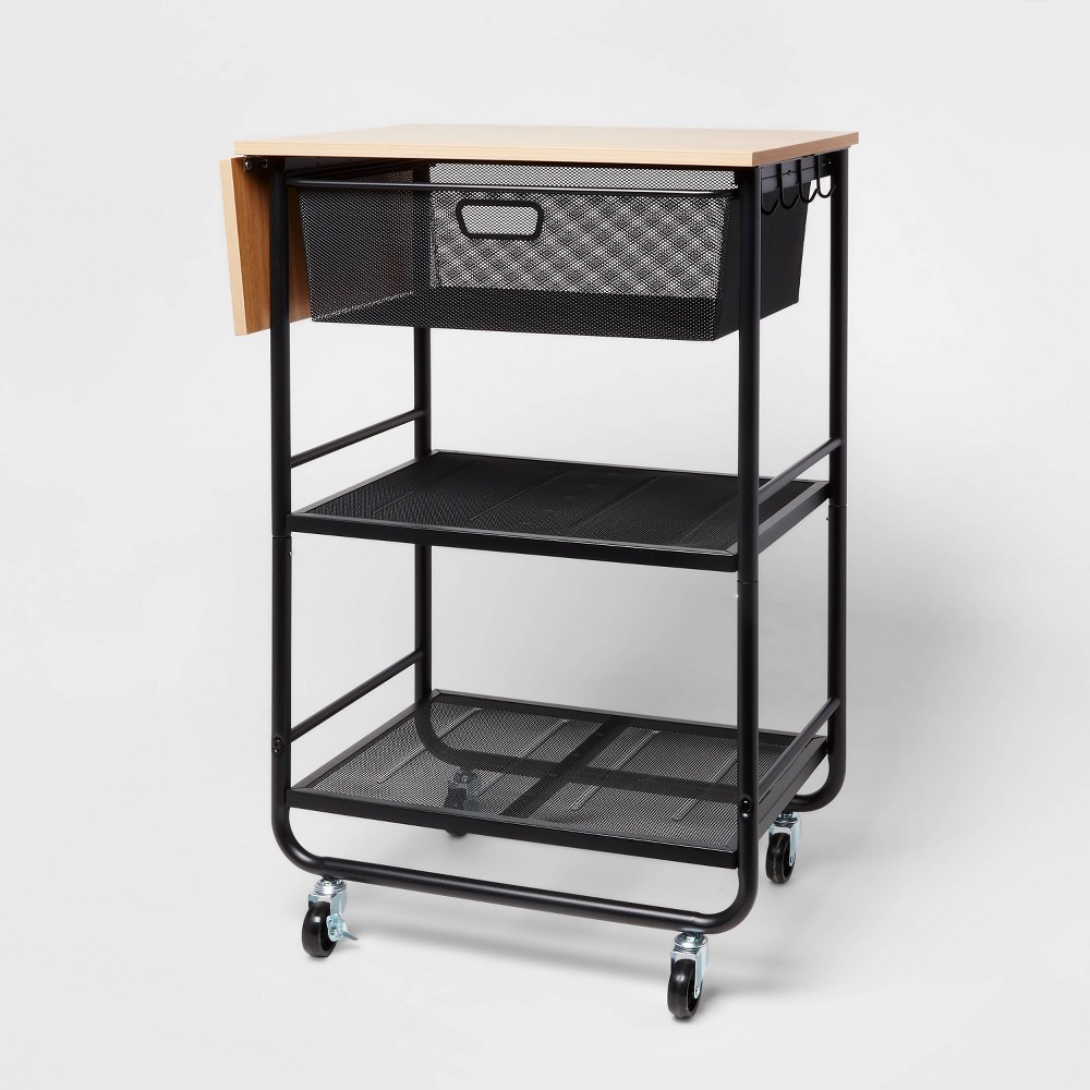 Photos - Other Furniture Metal Storage Cart with Mesh Drawer and Wood Top Black - Brightroom™: Rolling Utility Cart with Casters & Storage Drawers