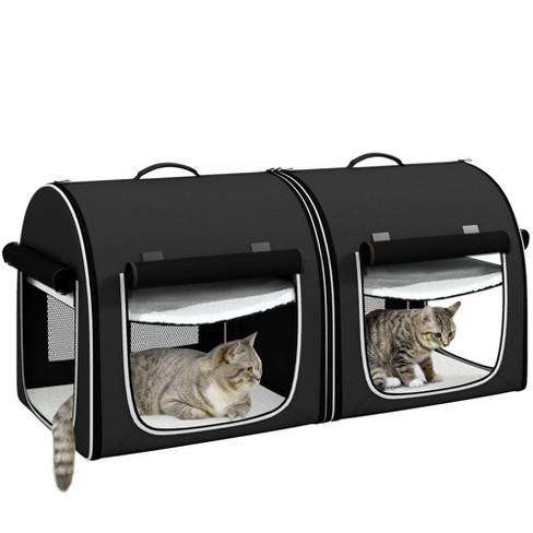 PawHut 39 Portable Soft 2 Sided Pet Cat Carrier with Divider Two Compartments Soft Cushions Storage Bag Black