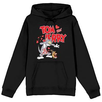 Tom & Jerry Characters with Hearts and Title Logo Women's Black Graphic Hoodie