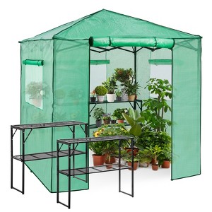 EAGLE PEAK 7'x7' Pop up Greenhouse with 2 Foldable Shelves, Zipper Entry Door and 3 Mesh Windows, Green - 1 of 4