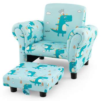 Tangkula Kids Upholstered Sofa w/Cute Patterns Footstool Ergonomic Backrest Armrests Blue