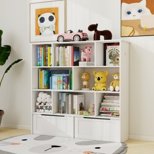Toy Storage Organizer with 2 Movable Drawers, Multi-Functional 7 Shelf Kids Bookcase with 2 Hooks - 1 of 4