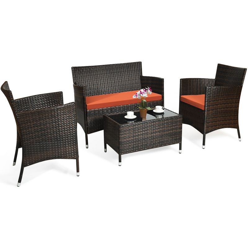 Costway 4PCS Rattan Patio Furniture Set Cushioned Sofa Chair Coffee Table, 4 of 11