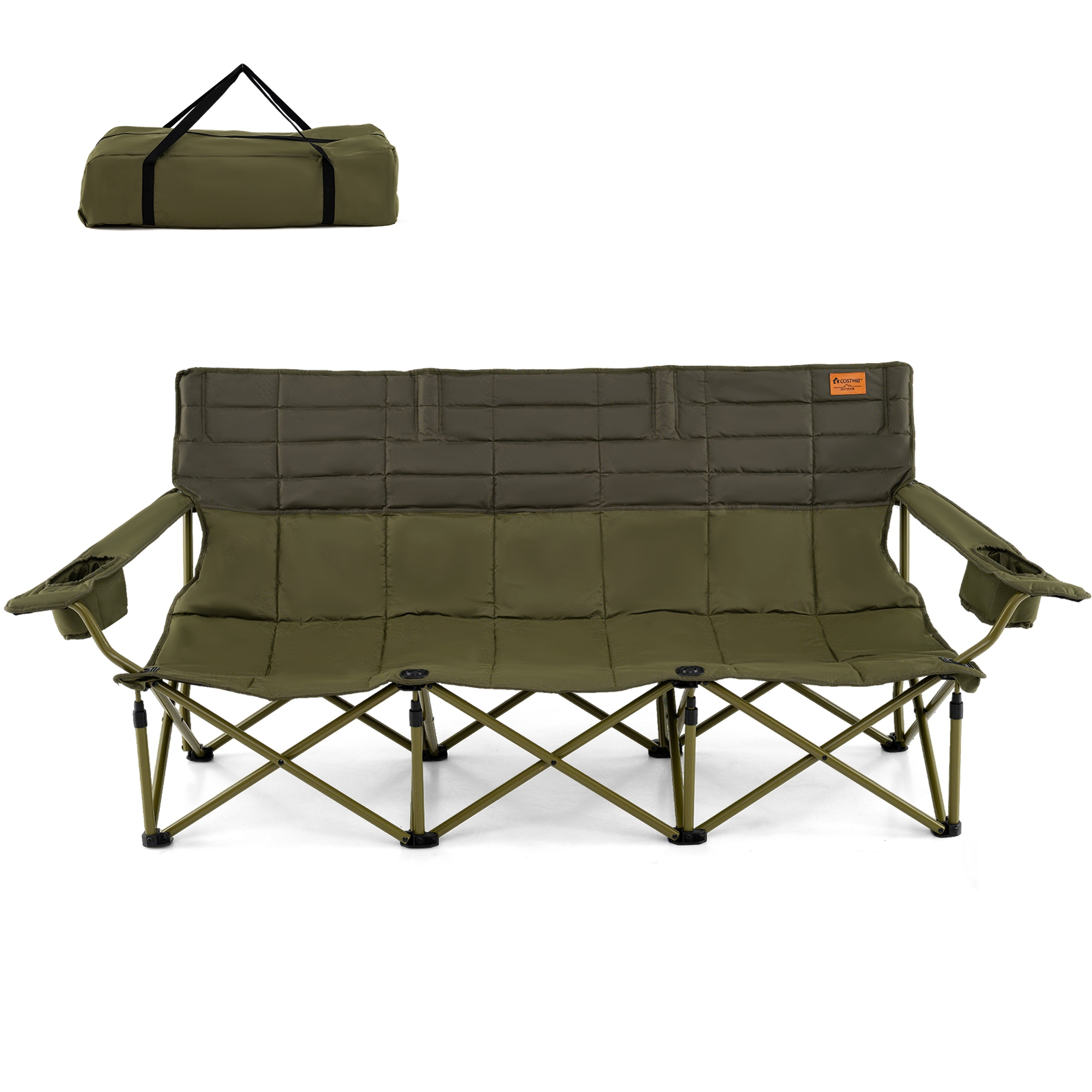 Costway Oversized 3 Person Camping Chair Portable Folding Camp Couch with Adjustable Armrests Green