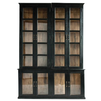 Storied Home Mango Wood 87" Tall Decorate Storage Cabinet Black: Glass Front, 6 Shelves, 8 Doors
