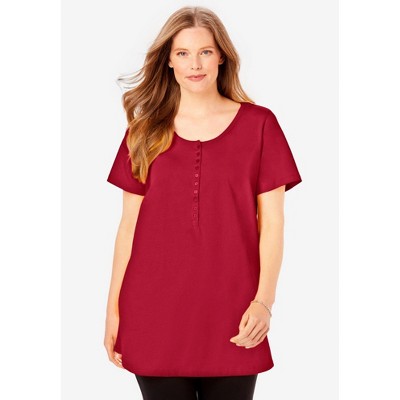 Woman Within Plus Size Perfect Short-Sleeve Scoop-Neck Henley Tunic