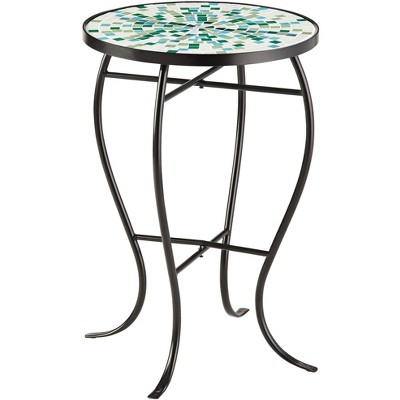 Teal Island Designs Modern Mosaic Black Round Outdoor Accent Table 14" Wide Aqua Blue Porch Patio Living Room Home House Entryway