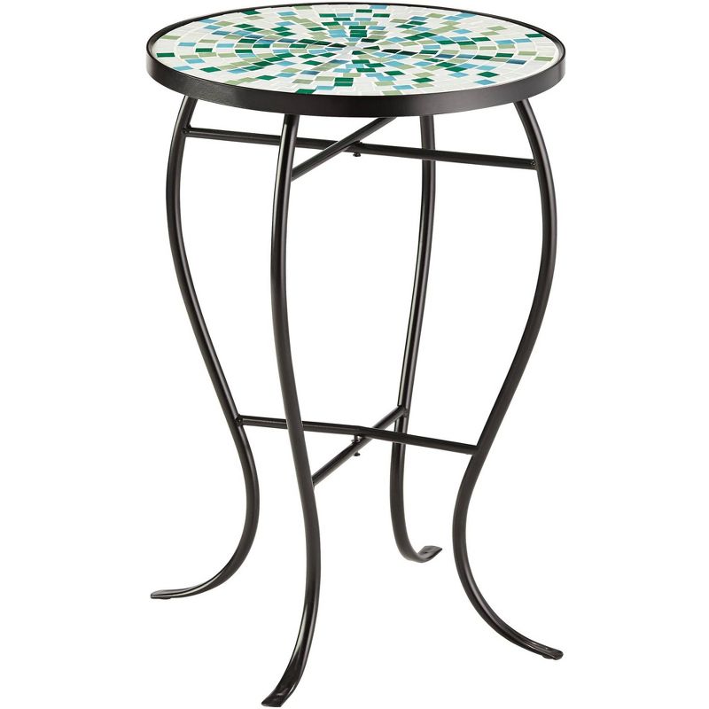 Teal Island Designs Modern Mosaic Black Round Outdoor Accent Side Table 14" Wide Aqua Blue Front Porch Patio Home House Balcony Deck Shed, 1 of 8